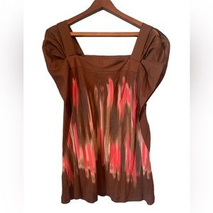 Anthropologie One September Brown and Pink Poof Sleeved Top